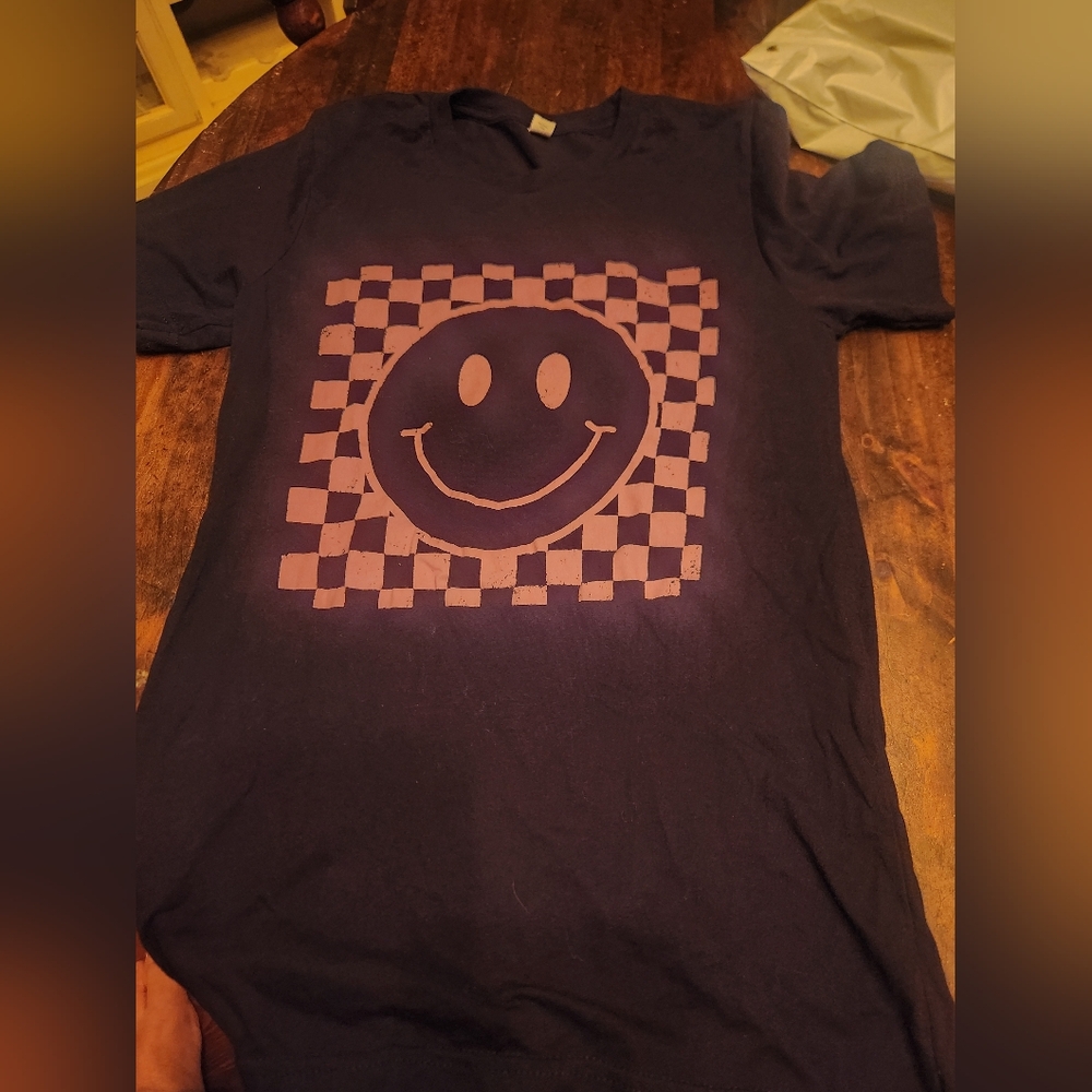 Black Tshirt With Pink Smiley Face  Checkered T-Shirt